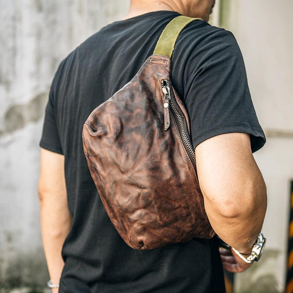 Cool Black Leather Men Chest Bag Waist Bags Coffee Fanny Pack Hip Bag One Shoulder Backpack For Men