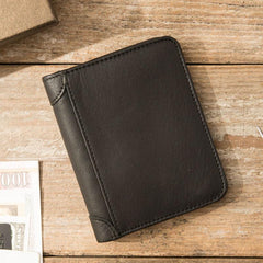 Black Cool Leather Mens Small Wallet Trifold Vintage billfold Wallet for Men - imessengerbags