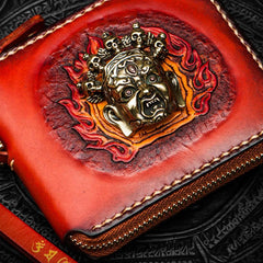 Handmade Mahākāla Leather Brown Biker Wallet Mens Cool Short Chain Wallet Trucker Wallet with Chain - imessengerbags