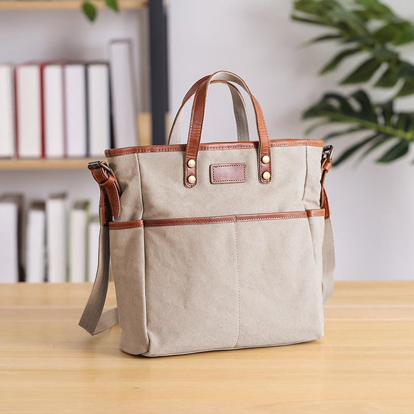 Casual Canvas Leather Mens Womens Large 13" Brown Handbag Tote Bag Beige Shoulder Bag Tote Purse For Men - imessengerbags