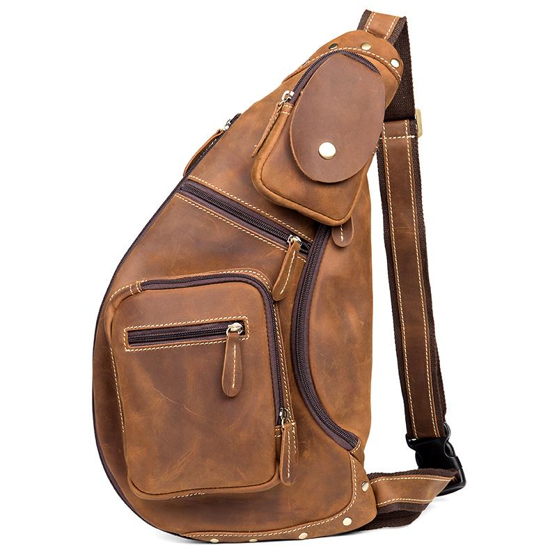 Brown Leather Mens Cool Large Sling Bags Light Brown Crossbody Pack Chest Bag for Men - imessengerbags