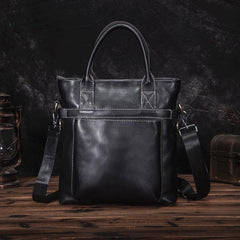 Black Leather Mens Vertical Work Bag Handbag Vertical Black Small Briefcase Shoulder Bag For Men - imessengerbags