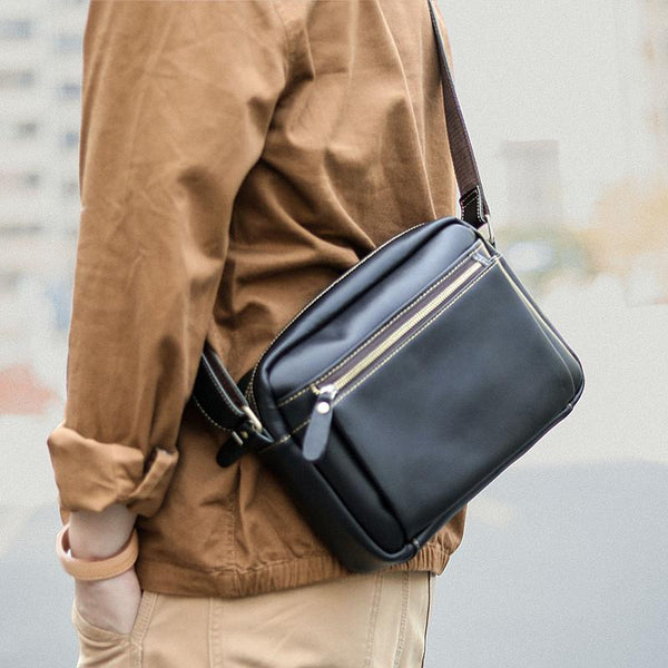 Casual Black Leather Mens Small Courier Bags Messenger Bag Brown Postman Bags For Men - imessengerbags