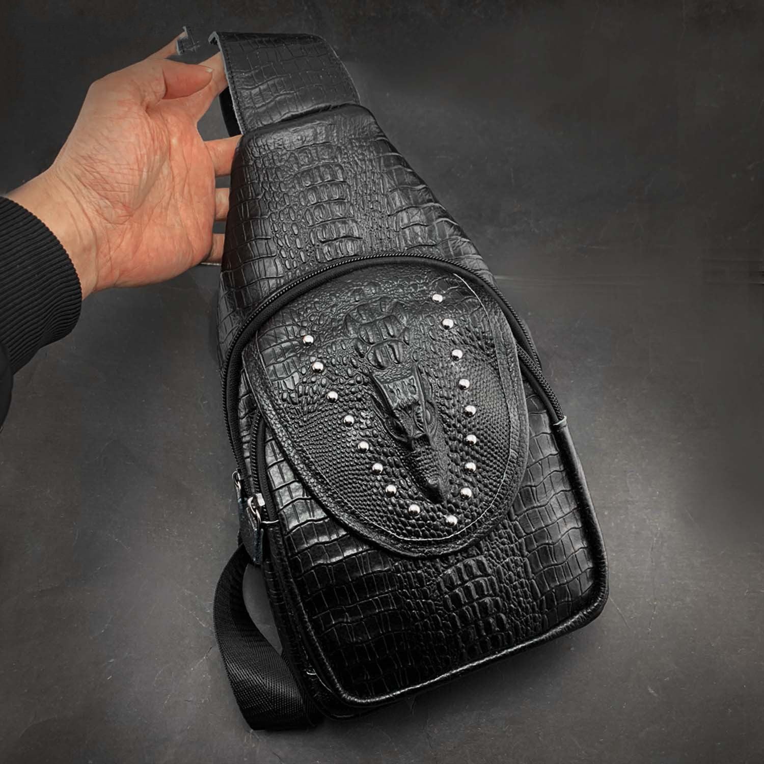 Badass Black Leather Men's Sling Bag Chest Bag One shoulder Backpack Sling Bag For Men - imessengerbags