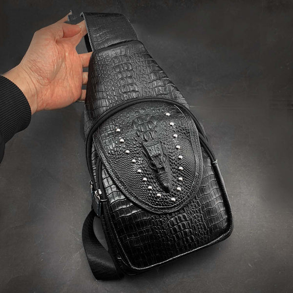 Badass Black Leather Men's Sling Bag Chest Bag One shoulder Backpack Sling Bag For Men - imessengerbags