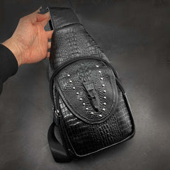 Badass Black Leather Men's Sling Bag Chest Bag One shoulder Backpack Sling Bag For Men - imessengerbags