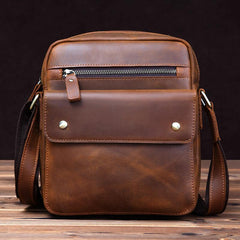 Vintage Brown Leather Messenger Bag Men's Vertical Side Bag Small Vertical Courier Bag For Men