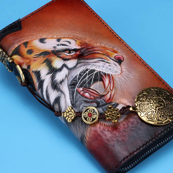 Handmade Leather Tooled Tiger Mens Chain Biker Wallet Cool Leather Wallet Long Clutch Wallets for Men - imessengerbags