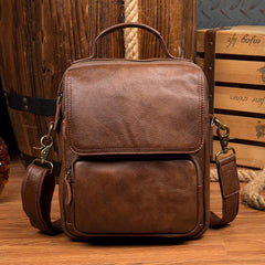 Cool Brown Leather 10 inches Vertical Small Briefcase Side Bags Messenger Bag Courier Bag for Men