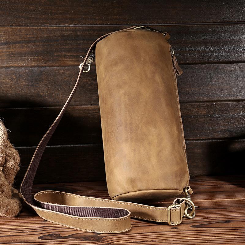 Light Brown Leather Mens Barrel Shoulder Bag Side Bag Messenger Bag For Men