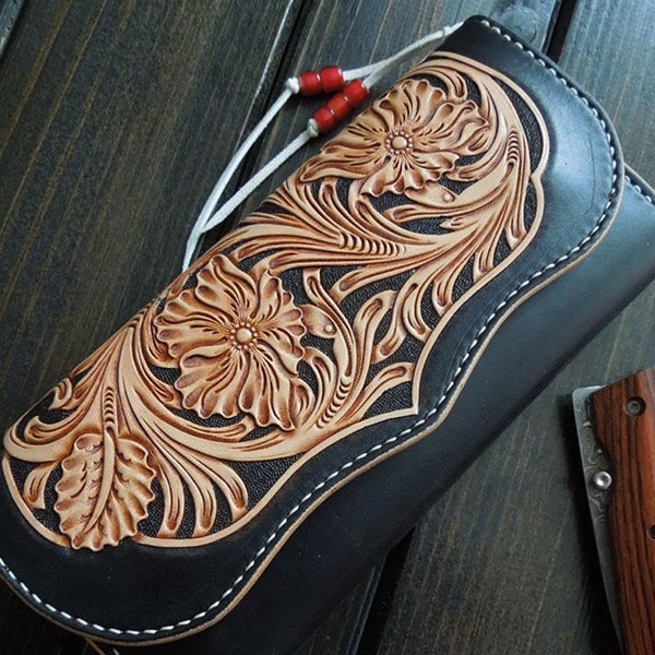 Handmade Leather Mens Clutch Tooled Floral Wallet Cool Wallet Long Wallets Biker Chain Wallet for Women Men - imessengerbags