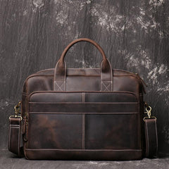Brown Leather Men 14 inches Vintage Briefcase Handbag Dark Coffee Laptop Handbag Side Bag For Men - imessengerbags