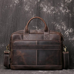 Brown Leather Men 14 inches Vintage Briefcase Handbag Dark Coffee Laptop Handbag Side Bag For Men