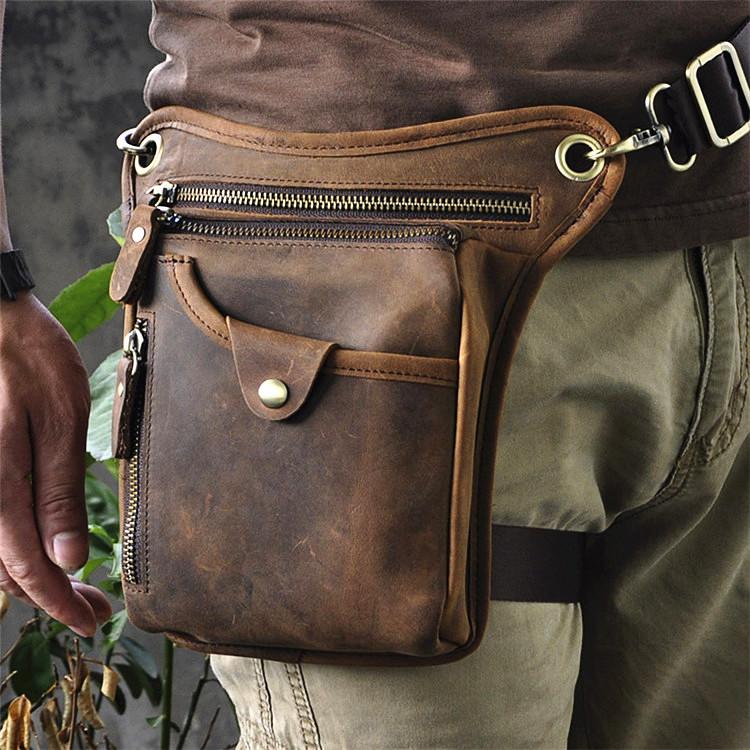 Cool Dark Brown Leather Mens Drop Leg Bag Belt Pouch Small Side Bag Sh –  iChainWallets