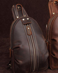 Cool Dark Brown Mens Leather One Shoulder Backpack Chest Bag Sling Bag For Mens - imessengerbags