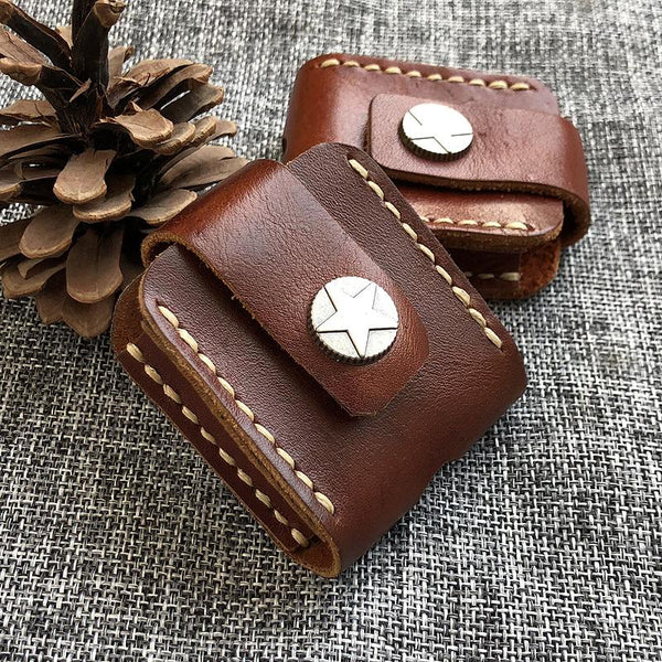 Handmade Mens Brown Leather Classic Zippo Lighter Case Star Zippo Lighter Holder with Belt Clip