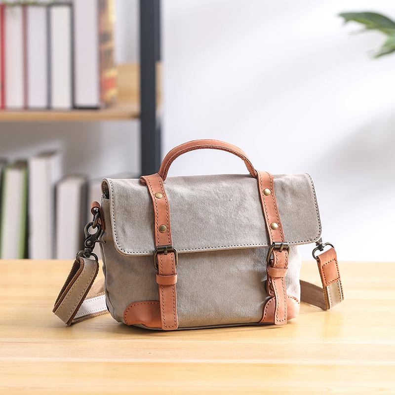 Canvas Leather Mens Womens Small Side Bag Green Courier Bag Messenger Bag for Men - imessengerbags