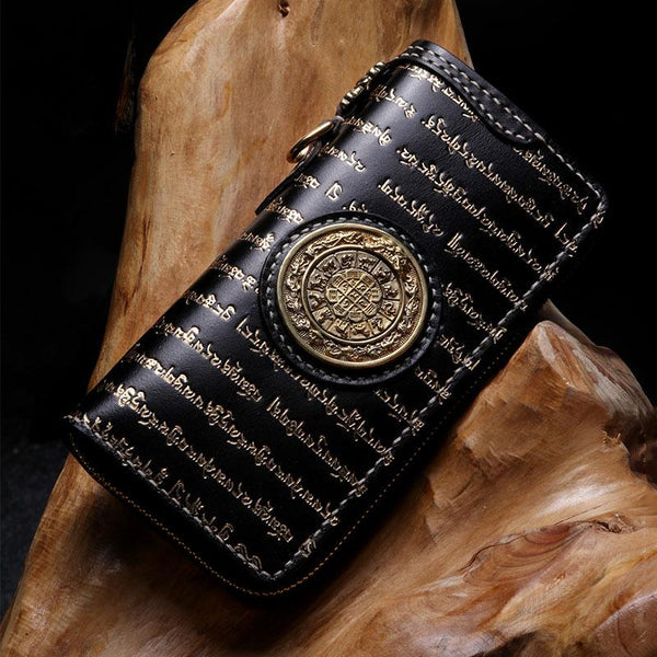 Handmade Leather Mens Chain Tibetan Biker Wallet Cool Leather Wallet Long Phone Wallets for Men - imessengerbags