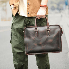 Vintage Dark Brown Leather Mens 14 inches Briefcase Black Work Briefcase Handbags For Men - imessengerbags