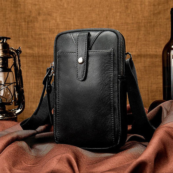 Cool Black Leather Men's Cell Phone Holster Mini Side Bag Belt Pouch For Men - imessengerbags