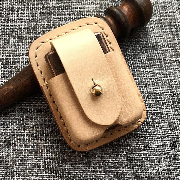 Mens Beige Leather Classic Handmade Zippo Lighter Cases Tan Zippo Lighter Holder with Belt Clip - imessengerbags