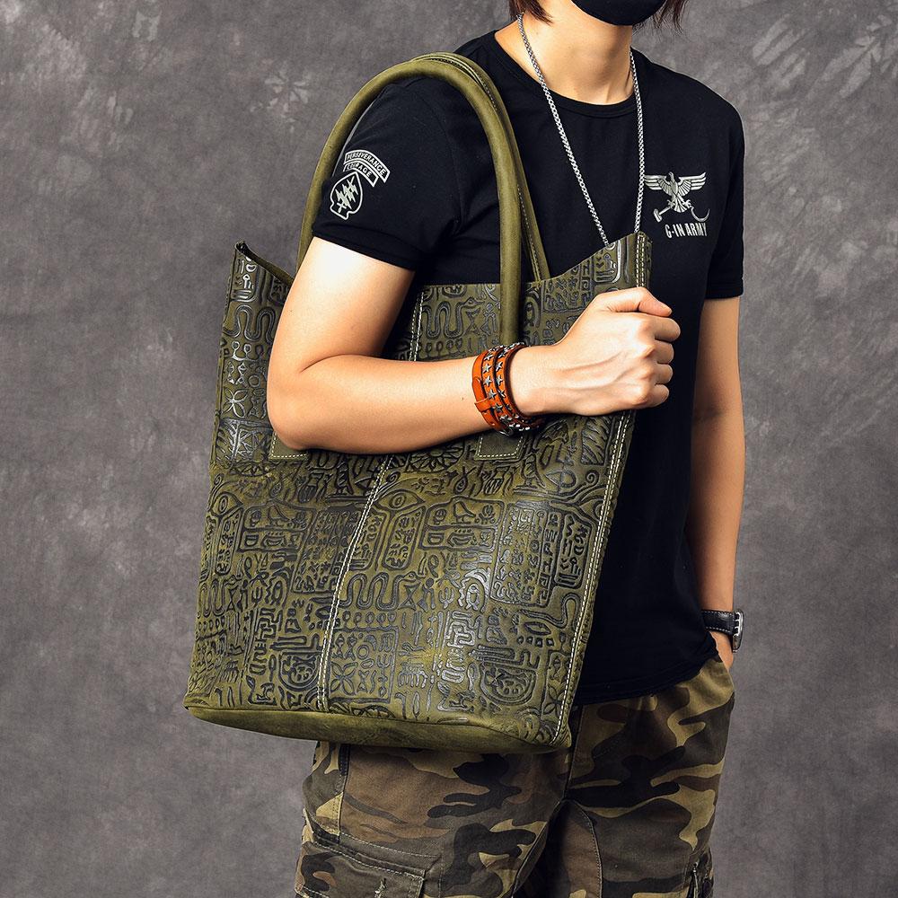 Leather Mens Womens 14" Large Shoulder Bag Dark Green Tote Bag Large Side Bag For Men - imessengerbags