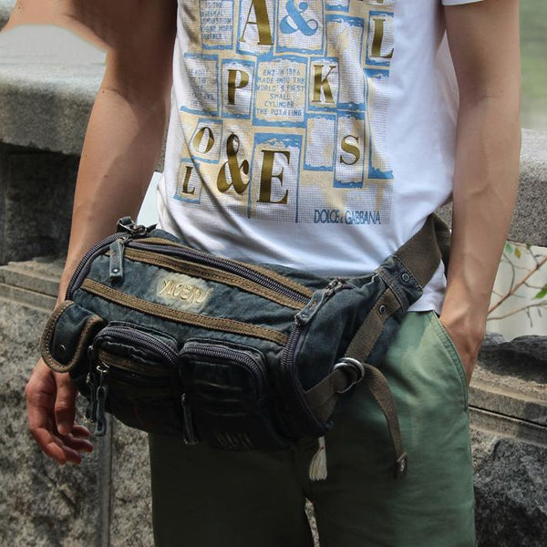 Blue Denim Mens Casual Waist Bag Fanny Packs Blue Jean Hip Bag Bum Bags For Men