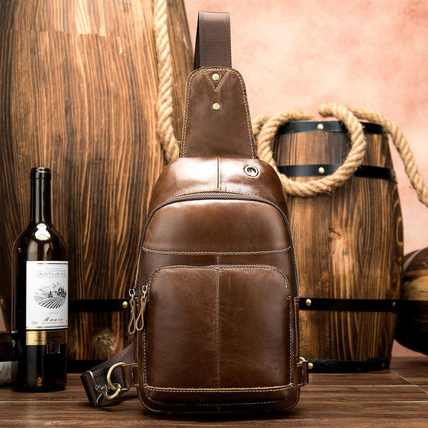 Fashionable Brown Leather Men's Chest Bag Sling Bag One Shoulder Backpack For Men - imessengerbags
