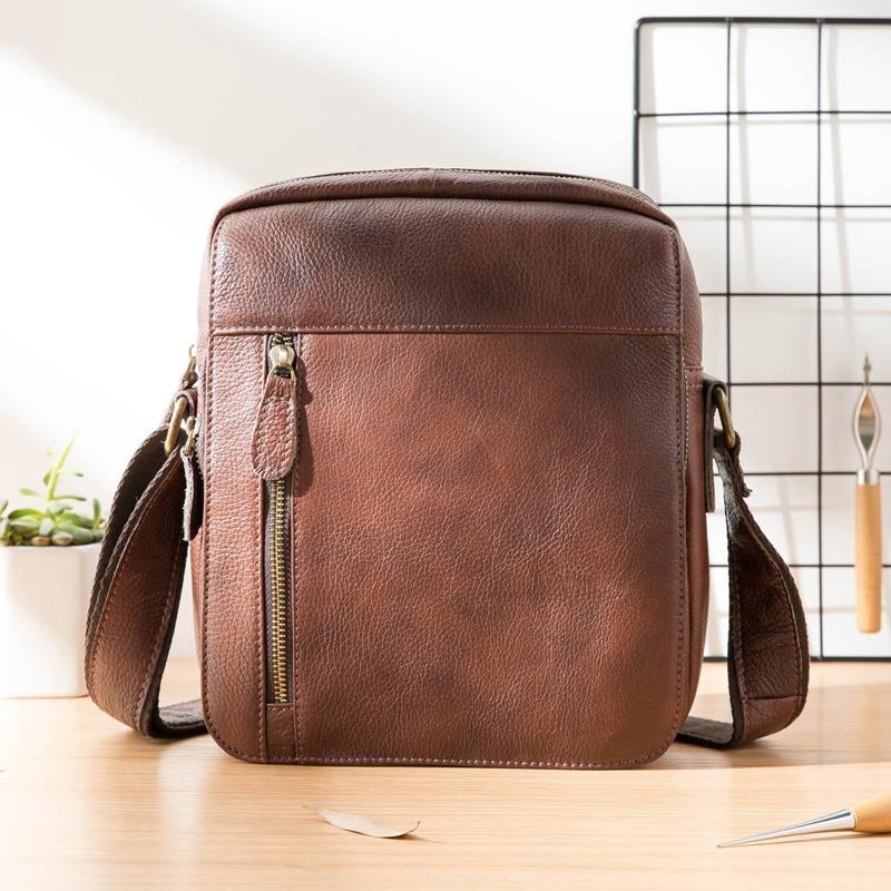 Cool Brown Leather Mens Vertical Side Bag Postman Bag Small Messenger Bags Courier Bag for Men - imessengerbags
