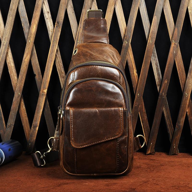 Fashion Black Leather Men's Sling Bag Chest Bag Brown One Shoulder Backpack For Men - imessengerbags