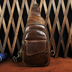 Fashion Black Leather Men's Sling Bag Chest Bag Brown One Shoulder Backpack For Men - imessengerbags