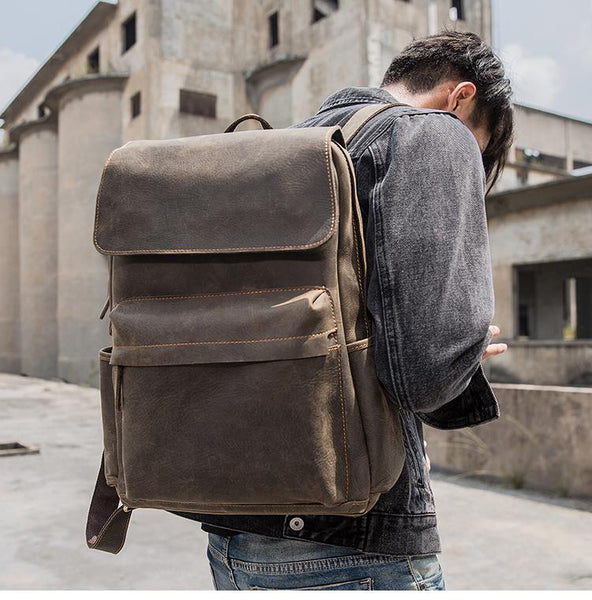 Black Leather Men's 15 inches Large Computer Backpack Gray Large Travel Backpack Black Large College Backpack For Men - imessengerbags