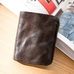 Dark Brown Wrinkled Leather Mens Front Pocket Card Wallets Bifold Vintage billfold Wallet Small Wallet for Men