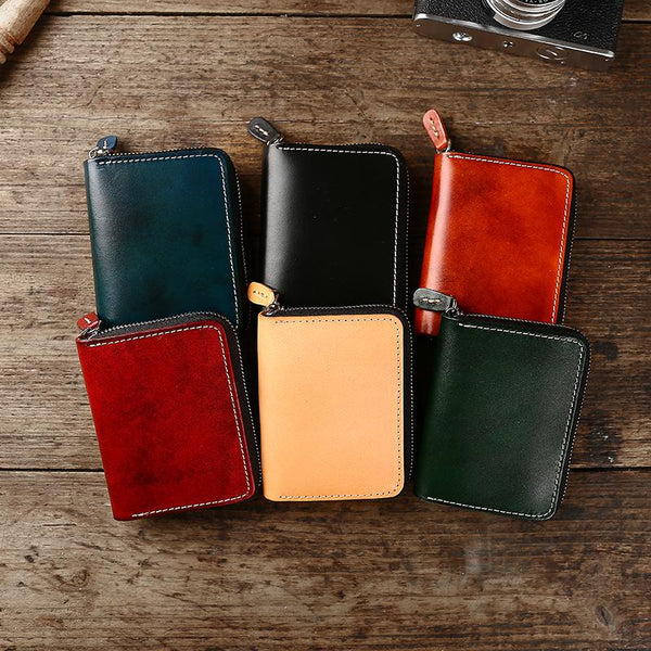 Handmade Cool Mens Leather Zipper Red Small Wallet Green Bifold billfold Wallet for Men