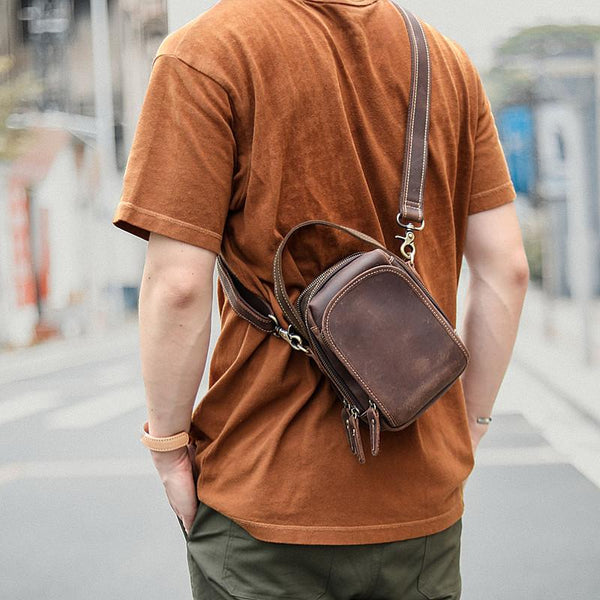 Dark Brown Leather Mens Casual Mini Courier Bag Messenger Bags Belt Bag Belt Pouch For Men - imessengerbags
