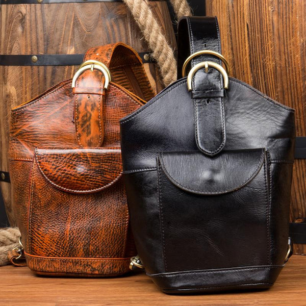 Black Leather Mens Cool Bucket Small Sling Bags Backpack Crossbody Pack Chest Bag for Men - imessengerbags