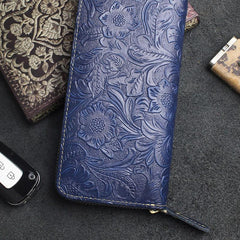 Handmade Leather Floral Mens Cool Travel Long Wallet Card Holder Card Slim Clutch Wallets for Men - imessengerbags