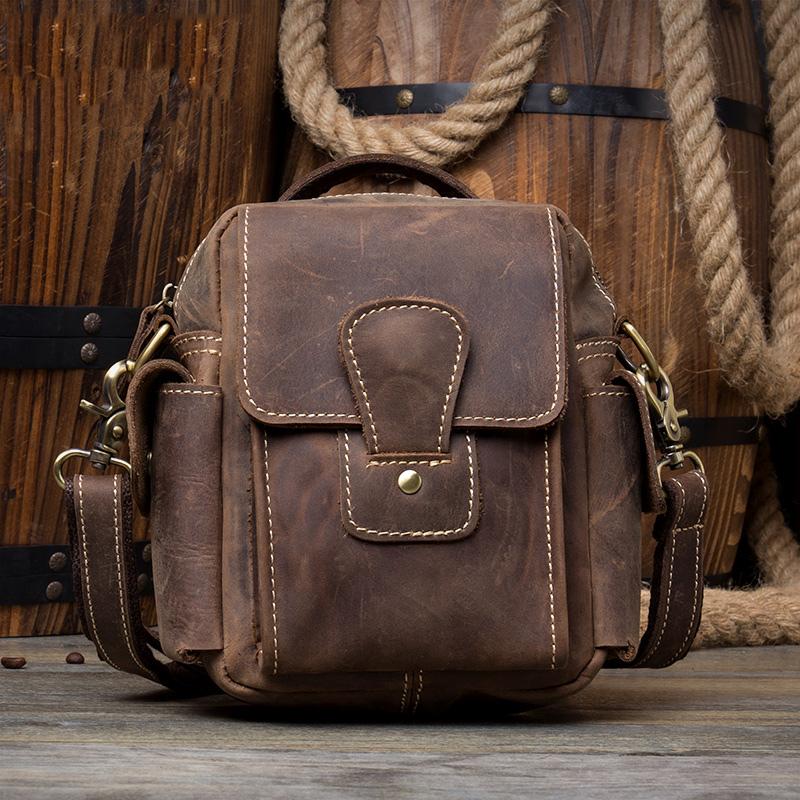 Casual Brown Leather Small Side Bags Waist Bag Belt Pouch Messenger Bag Courier Bag for Men