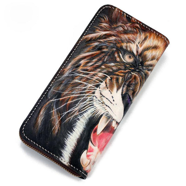 Handmade Leather Tooled Tiger Mens Chain Zipper Biker Wallet Cool Leather Wallet Long Phone Wallets for Men - imessengerbags