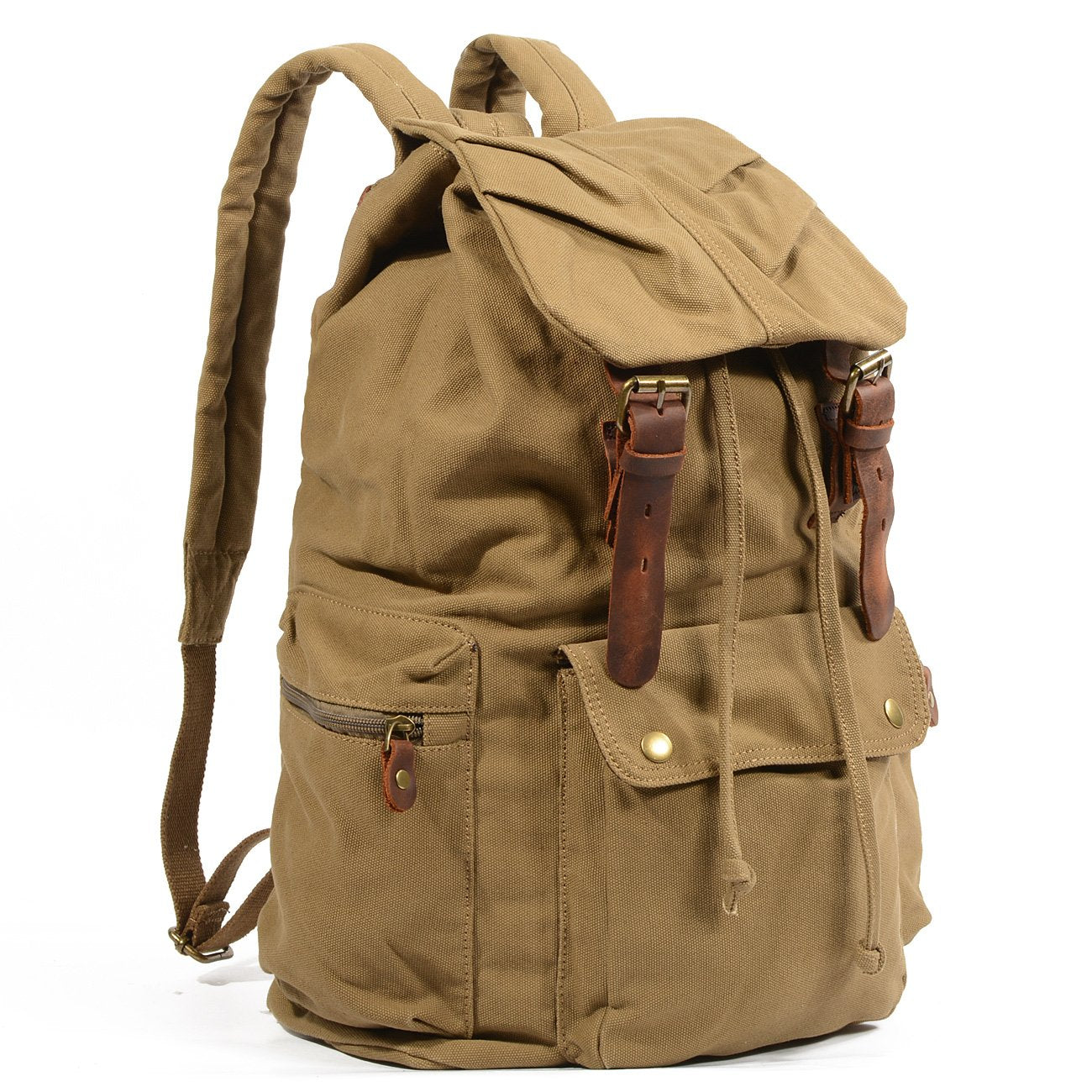 Khaki Canvas Mens Large 15'' Hiking Backpack Travel Backpack College Bag Computer Backpack for Men - imessengerbags