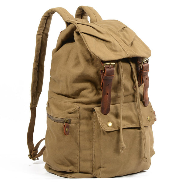 Khaki Canvas Mens Large 15'' Hiking Backpack Travel Backpack College Bag Computer Backpack for Men - imessengerbags