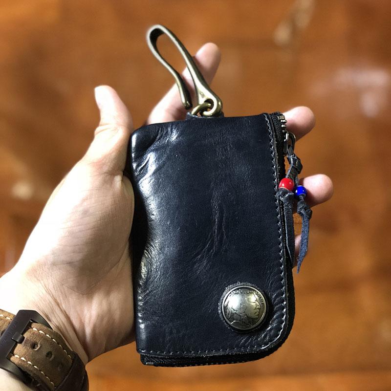 Handamde Genuine Leather Mens Cool Key Wallet Card Slim Wallet Key Holder Car Key Case for Men - imessengerbags