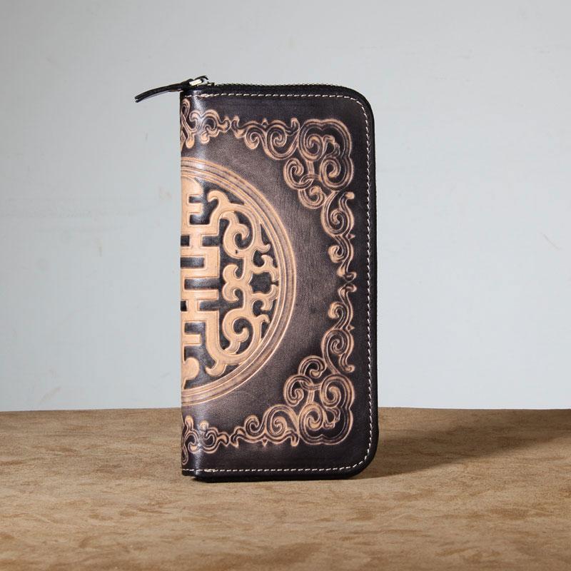 Handmade Genuine Leather Mens Cool Tooled Long Leather Wallet Bifold Clutch Wallet for Men - imessengerbags