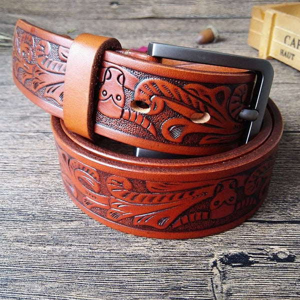 Cool Handmade Brown Floral Tooled Leather Mens Belt Coffee Leather Belts for Men