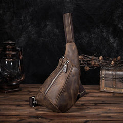 Badass Dark Brown Leather Men's Sling Bag 8-inches Chest Bag Vintage One shoulder Backpack For Men - imessengerbags