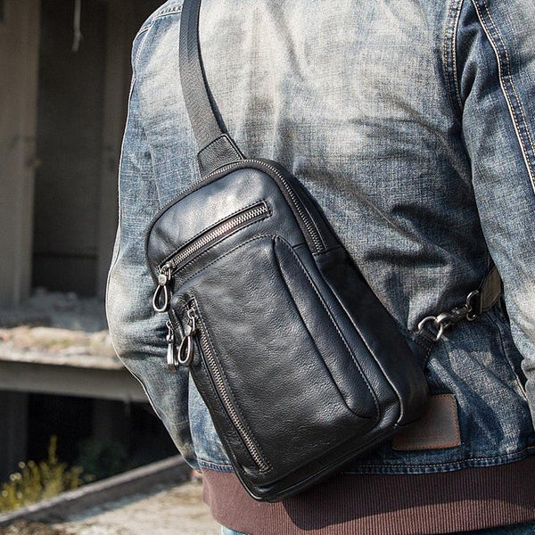 Black Casual Leather Mens 8 inches Sling Bag Chest Bag Black One Shoulder Backpack Phone Bag for Men - imessengerbags