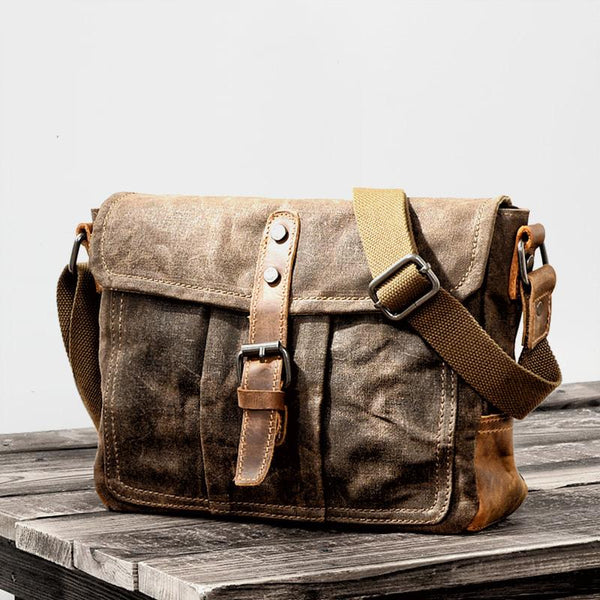 Cool Waxed Canvas Leather Mens Casual Green Gray Motorcycle Side Bag Messenger Bag Backpack For Men - imessengerbags