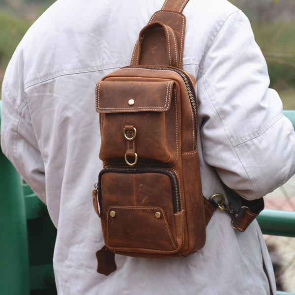 Cool Brown Leather Men's Sling Bag Chest Bag Brown One Shoulder Backpack For Men - imessengerbags