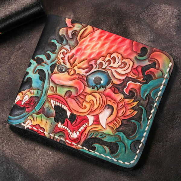 Handmade Leather Chinese Lion Tooled Mens billfold Wallet Cool Leather Wallet Slim Wallet for Men - imessengerbags