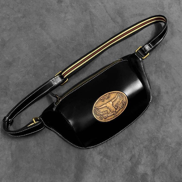 Fashion Black Genuine Leather Biker Fanny Pack Biker Waist Bag Motorcycle Hip Bag For Men